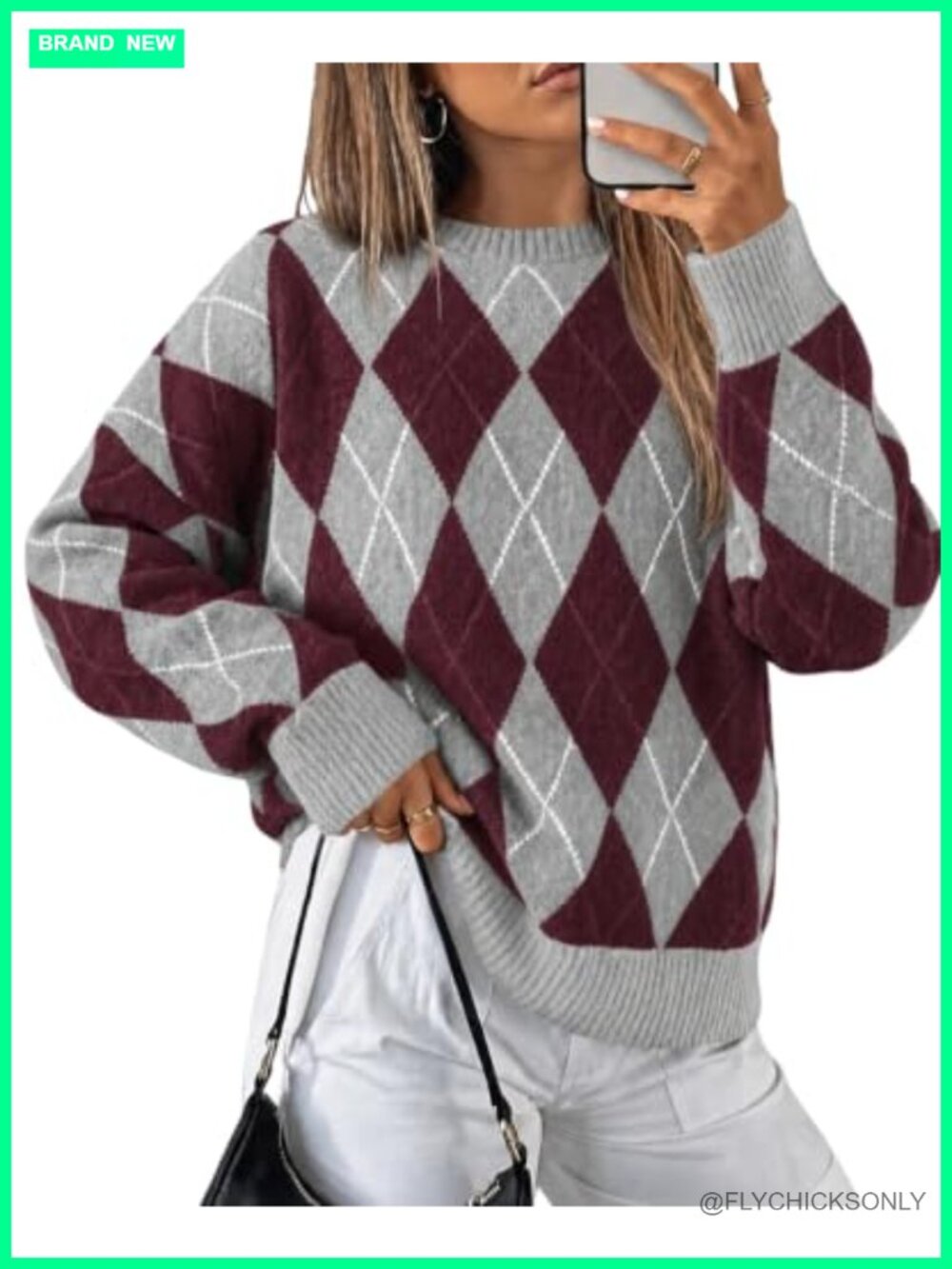 Oversized Argyle Plaid Sweater Long Sleeve Crew Neck Pullover